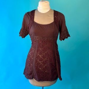 Beautiful Anthropology top sz L brown lacey bottom square neckline Ann Ferriday